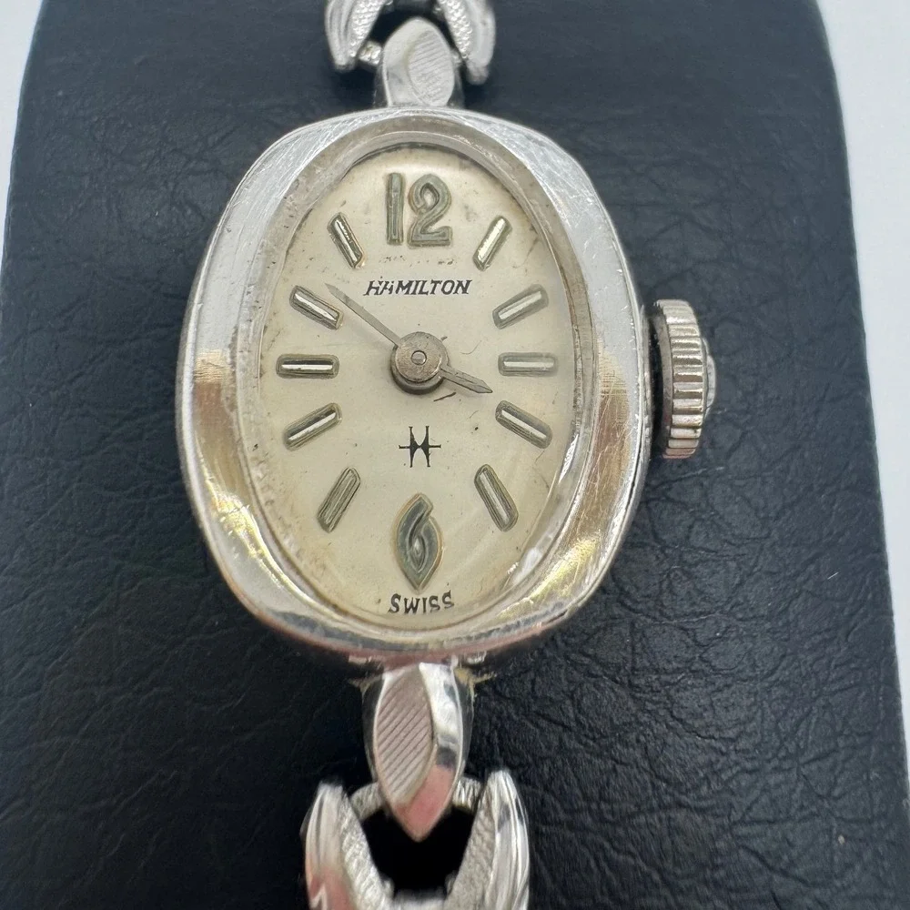 Hamilton Vintage Womens Cocktail Watch 10K RGP Bezel Silver Tone Oval Working